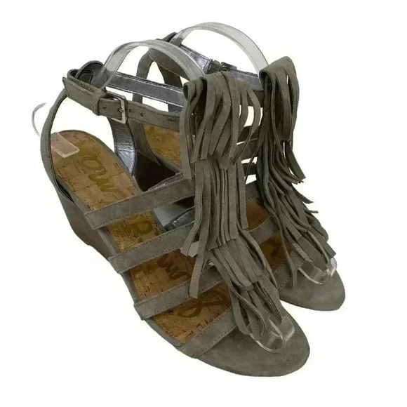 Sam Edelman Size 7.5 Suede Leather Fringe Bohemian Strappy Wedge Sandal Shoes - Picture 2 of 7
